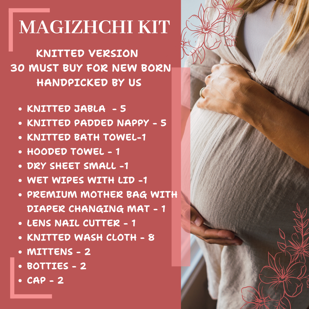 Magizhchi Kit - Knitted Version - New born baby essential Gift basket Hospital Kit MKIT code:NBE